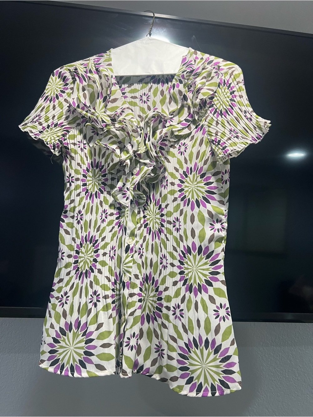 East 5th Floral Ruffle Short-Sleeve Blouse in White, Green & Purple